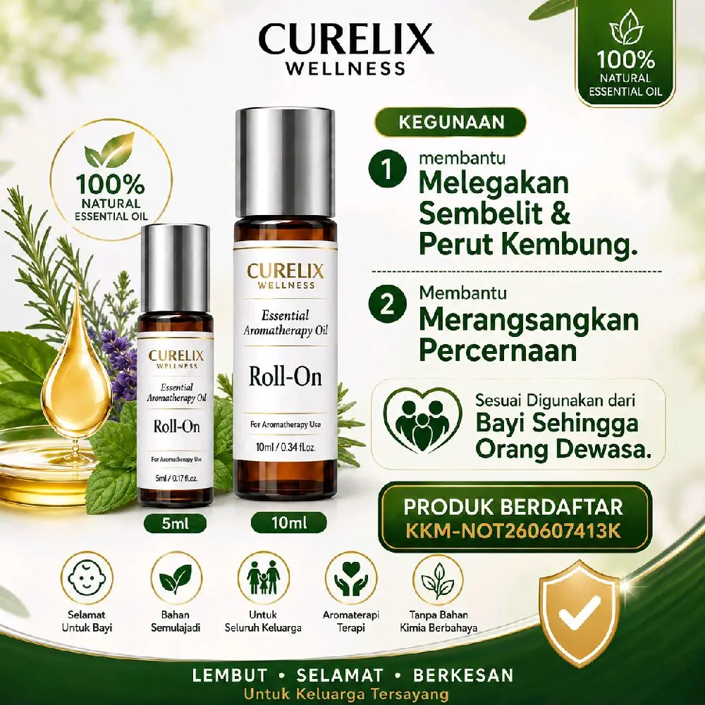 [KKM 260607413K] Curelix Tummy Roll On Premium Blended Essential Oil | Minyak Sapuan Perut | Kanak-Kanak & Dewasa